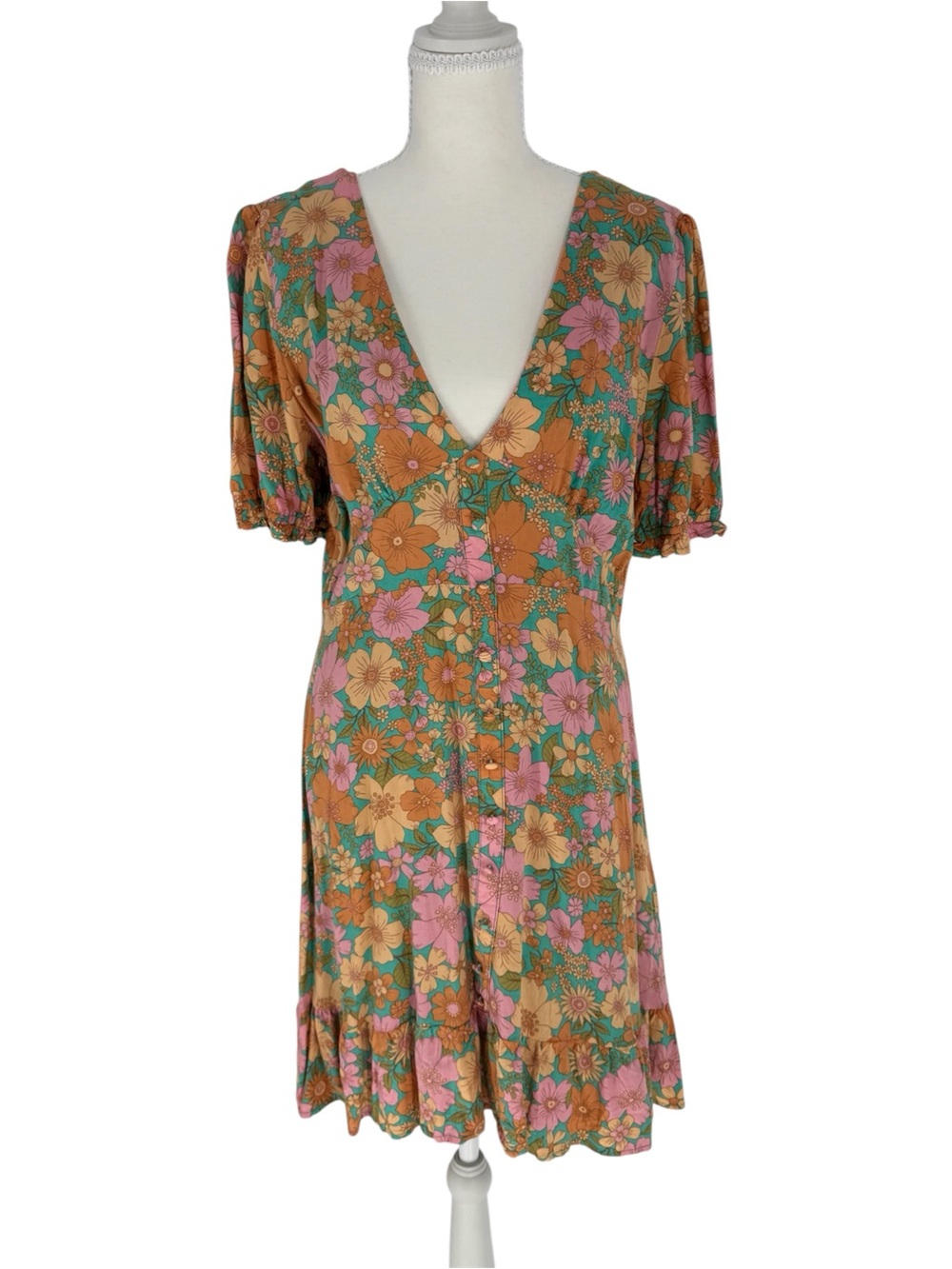 Petal + Pup Retro Floral V Neck Puff Sleeve Cottagecore 70s Vibes Flowy Dress